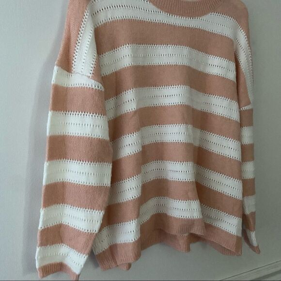 FRNCH Paris Sweater Pink White Striped Knit Perforated Crewneck Casual Trendy - Picture 5 of 8